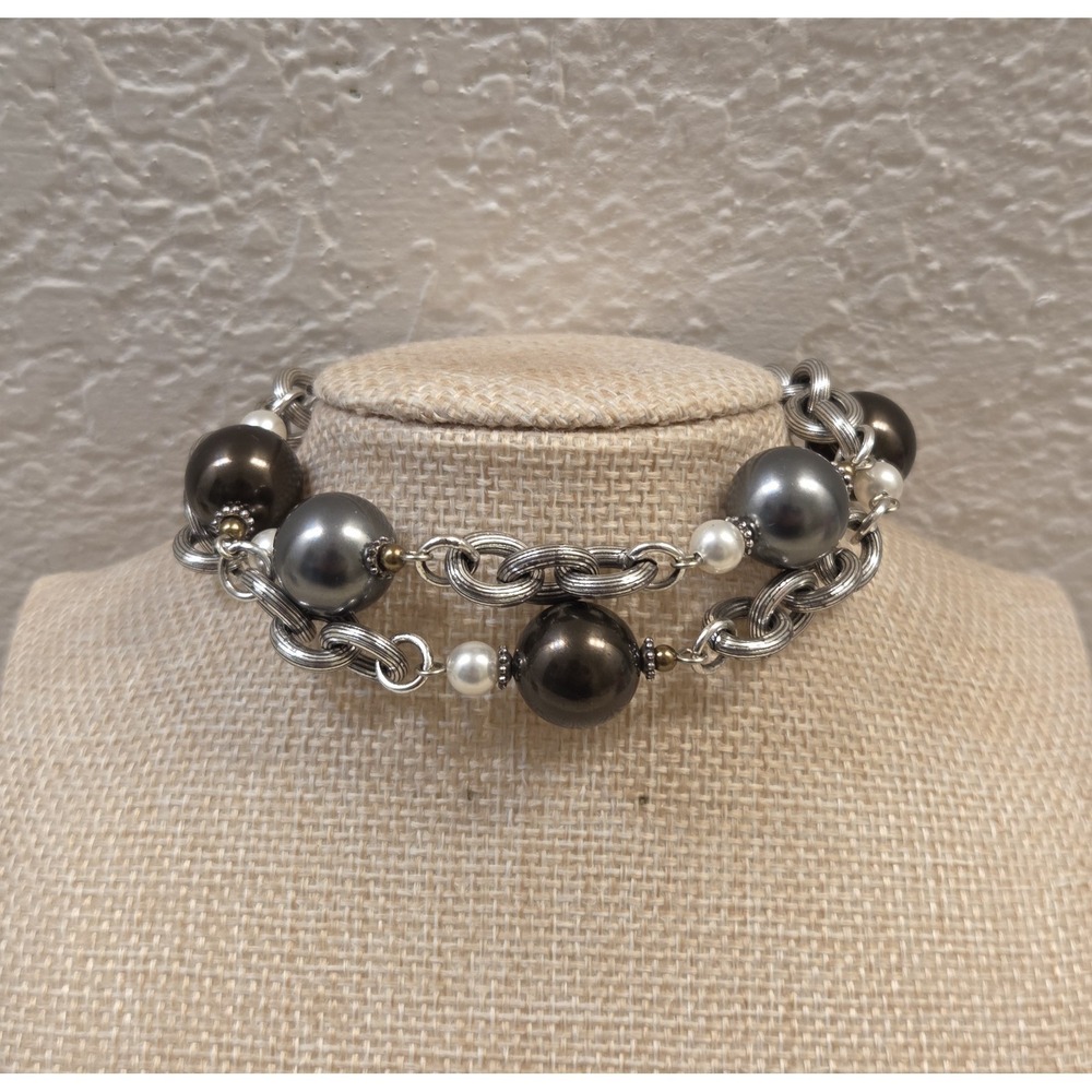 Brighton Chunky‎ Two Strand Bronze Gray Faux Pearl Beaded Bracelet